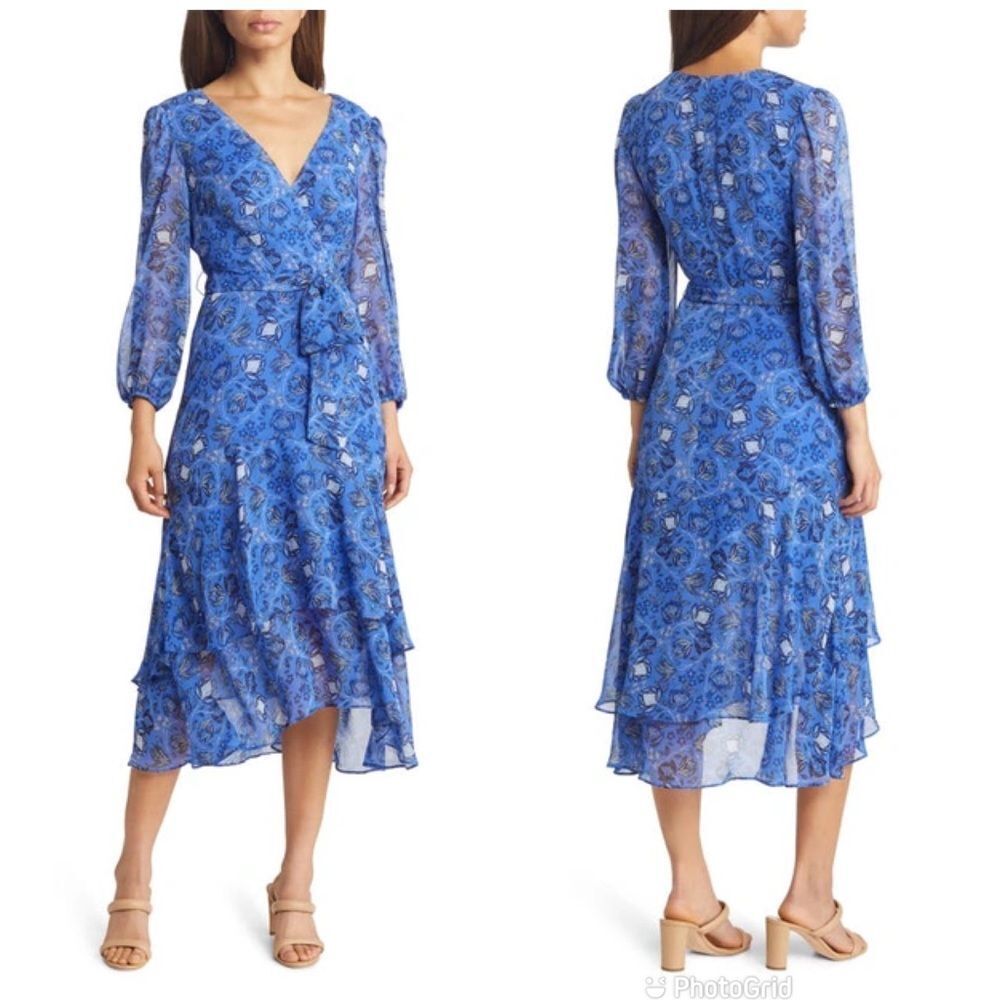 ELIZA J Blue Floral Chiffon Midi Dress Long Sleeve Faux Wrap‎ Belted Size 2 New